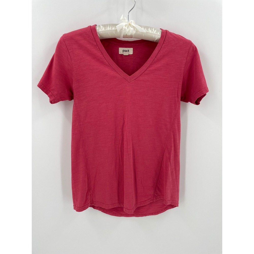 Pact Organic Cotton V-Neck Slub T-Shirt Raspberry Pink Short Sleeve Small